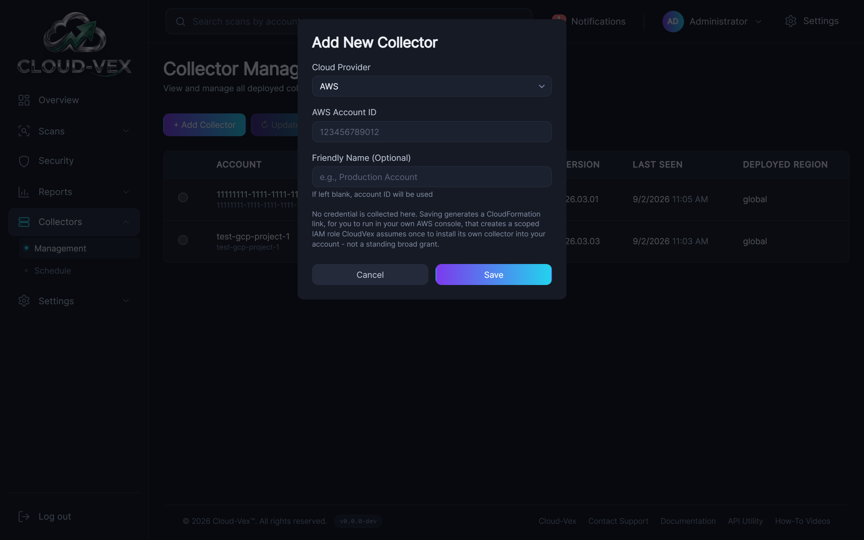 The Add New Collector dialog with Cloud Provider set to AWS: an AWS Account ID field, an optional Friendly Name field, and a note that no credential is collected here - saving generates a CloudFormation link that creates a scoped IAM role Cloud-Vex assumes once to install its own collector, not a standing broad grant.