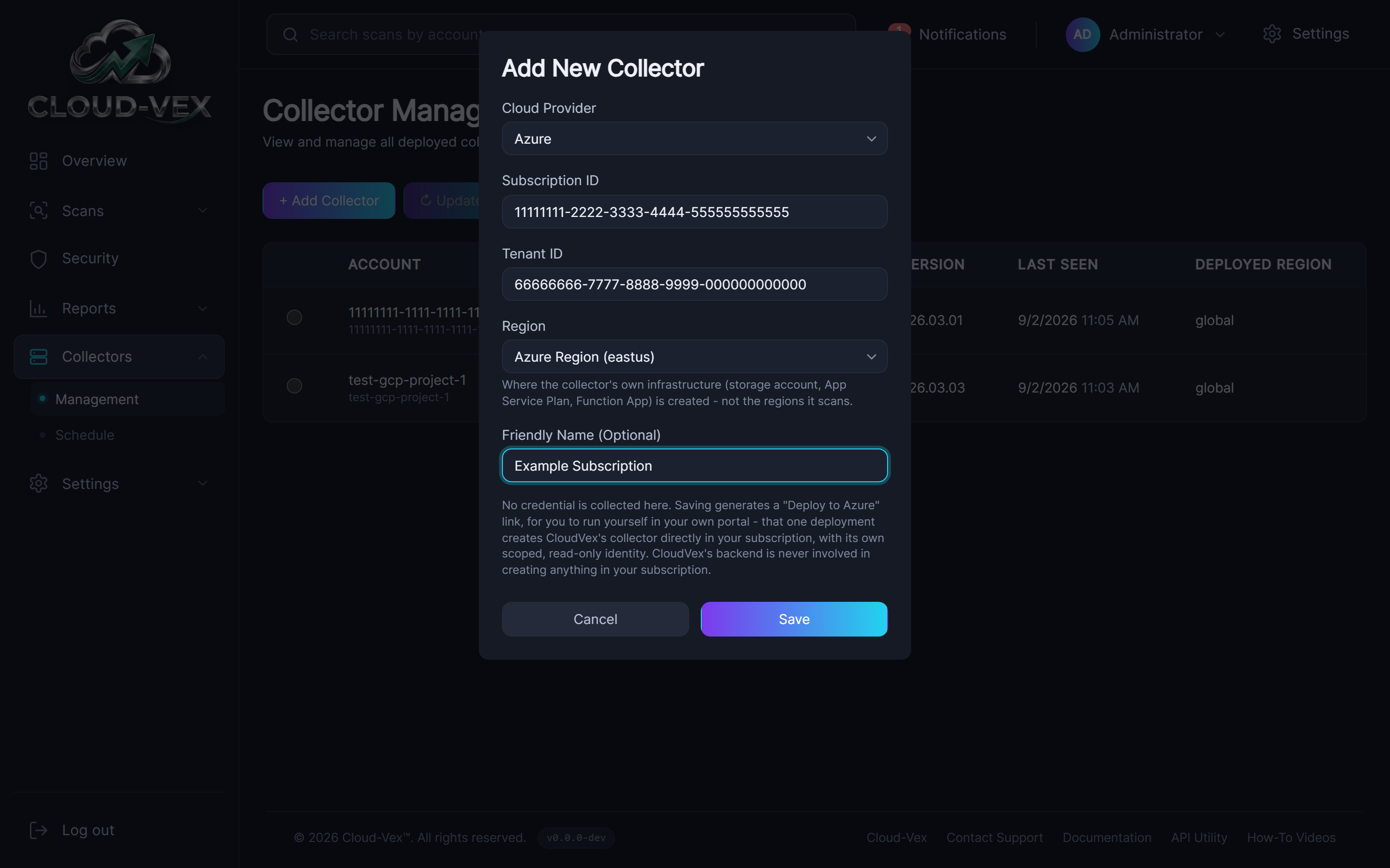 The Add New Collector dialog with Cloud Provider set to Azure: Subscription ID, Tenant ID, a Region dropdown grouped by country (defaulting to Azure Region eastus, with help text that this is where the collector's own infrastructure is created - not the regions it scans), and an optional Friendly Name field.