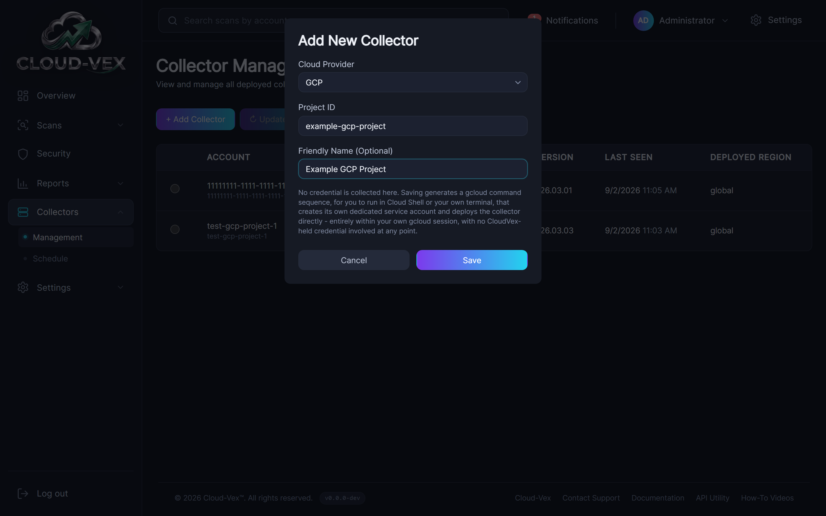 The Add New Collector dialog with Cloud Provider set to GCP: Project ID and an optional Friendly Name field, and a note that saving generates a gcloud command sequence that creates its own dedicated service account and deploys the collector directly, with no CloudVex-held credential involved.