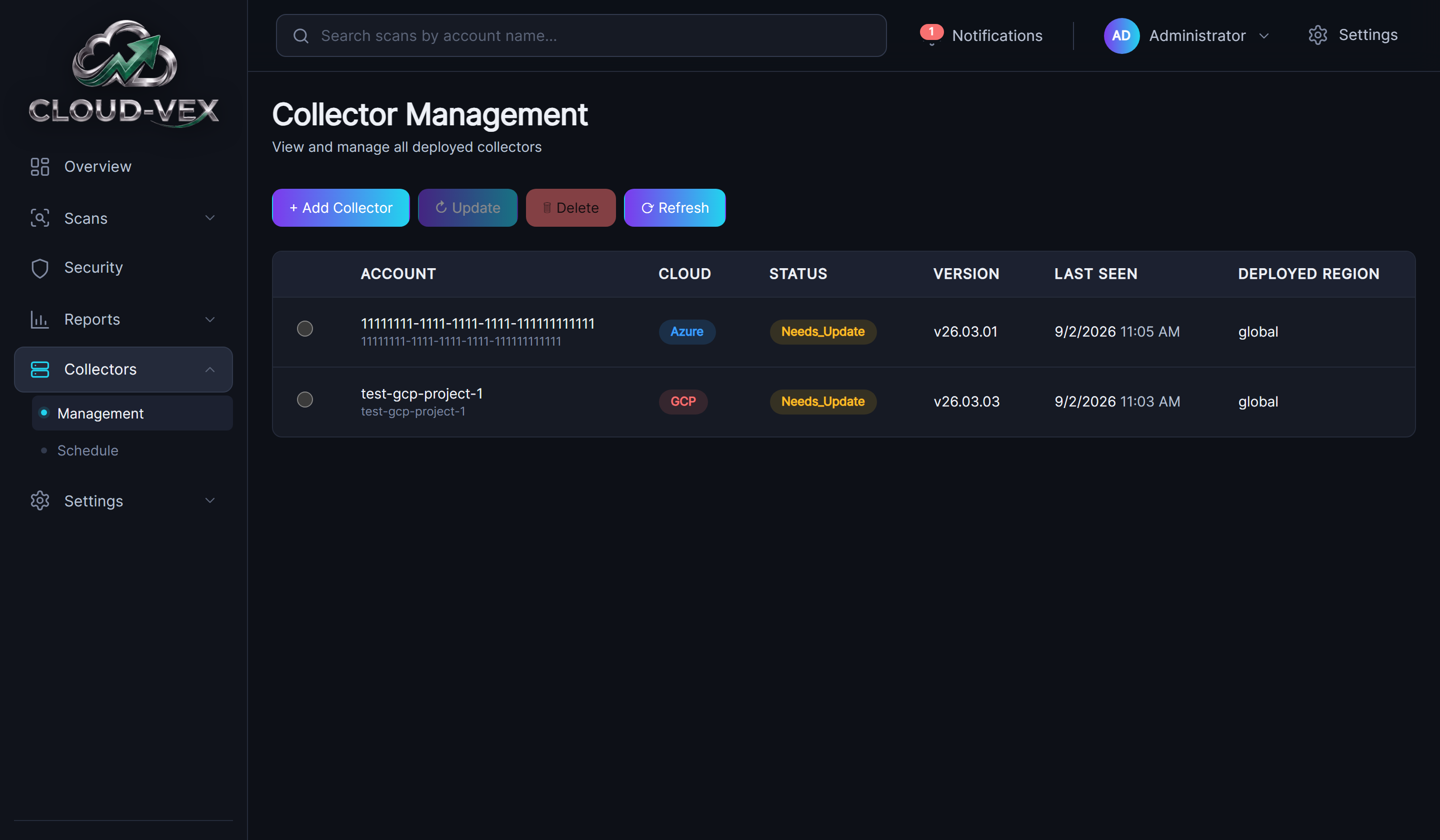The Collector Management page: Add Collector, Update, Delete and Refresh buttons above a unified table of Azure and GCP collectors listing account, cloud, status, version, last seen, and deployed region.