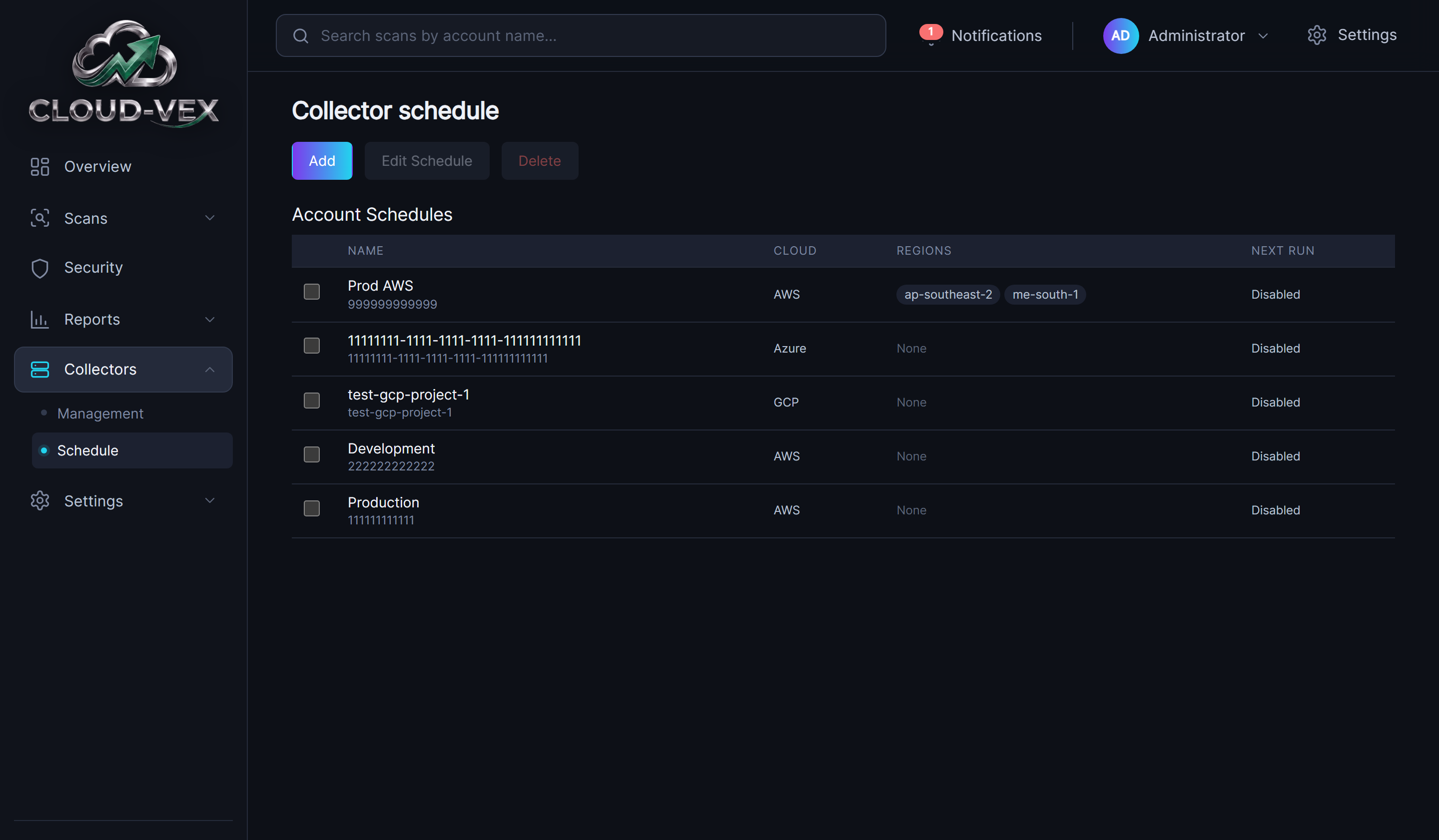 The Collector schedule page: Add, Edit Schedule and Delete buttons above a table of account schedules across AWS, Azure and GCP listing name, cloud, regions, and next run time.