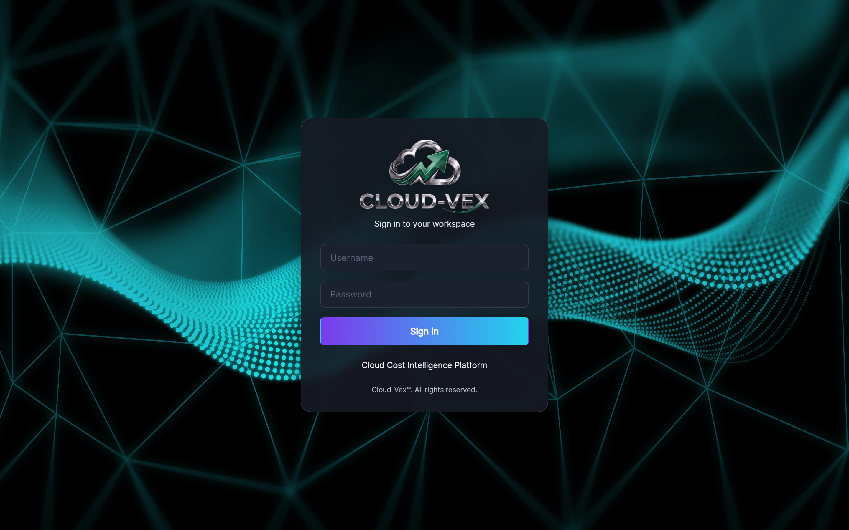 The Cloud-Vex login screen with username and password fields and a Sign in button. When SSO is enabled, a 'Sign in with' provider selector appears above these fields.