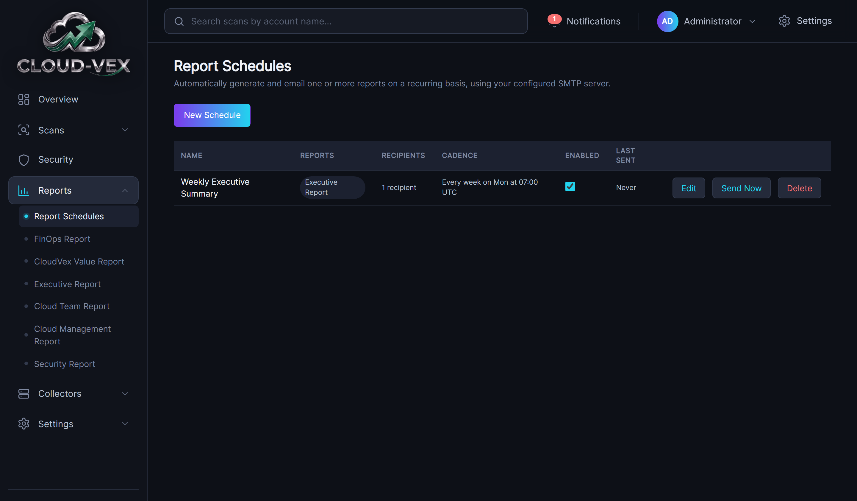 The Report Schedules page: a New Schedule button above a table listing one example schedule - Weekly Executive Summary, Executive Report, 1 recipient, Every week on Mon at 07:00 UTC, enabled, with Edit, Send Now and Delete actions.