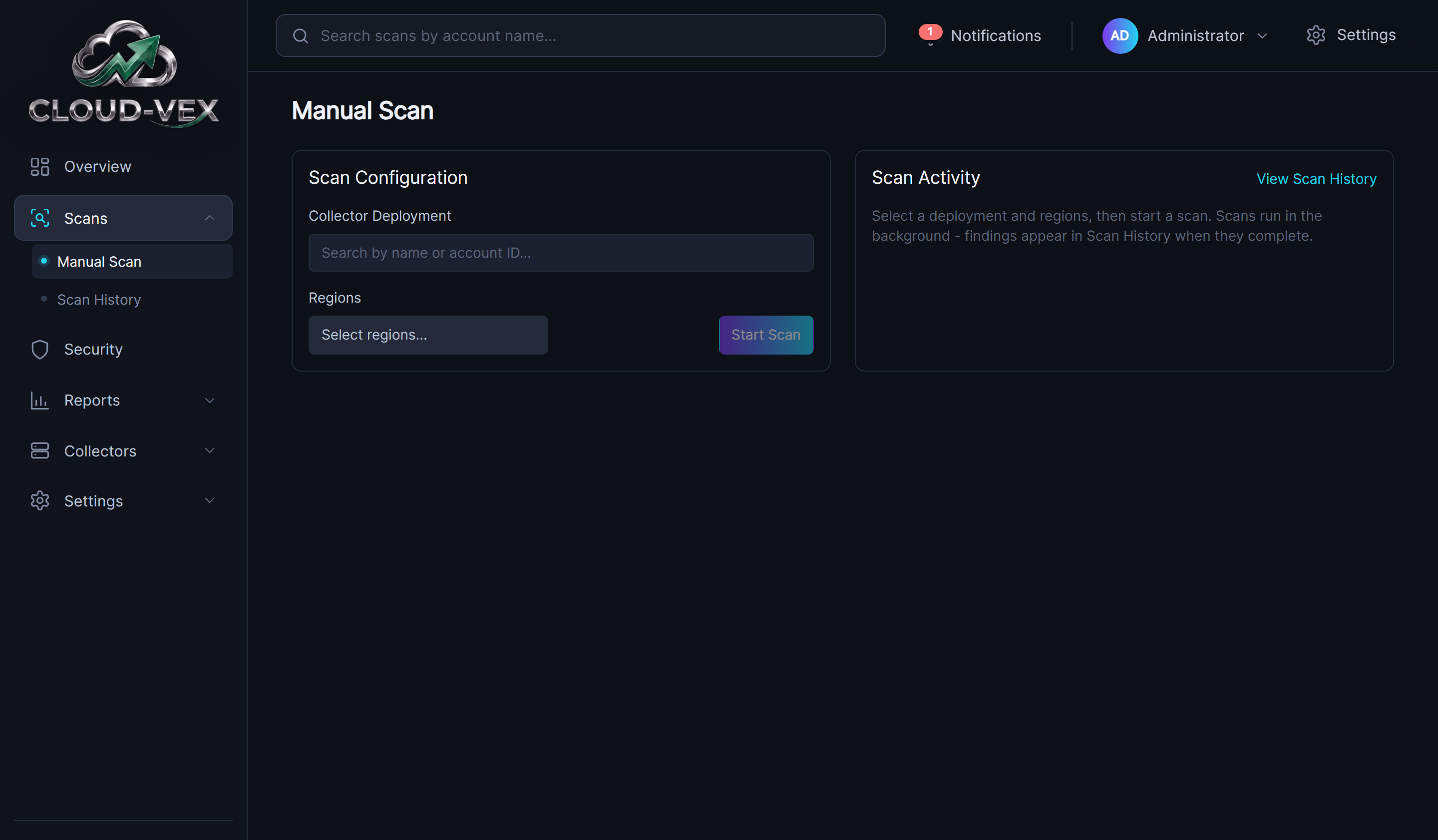 The Manual Scan page: a Scan Configuration panel with a Collector Deployment search field and a Regions selector next to a Start Scan button, and a Scan Activity panel linking to Scan History.