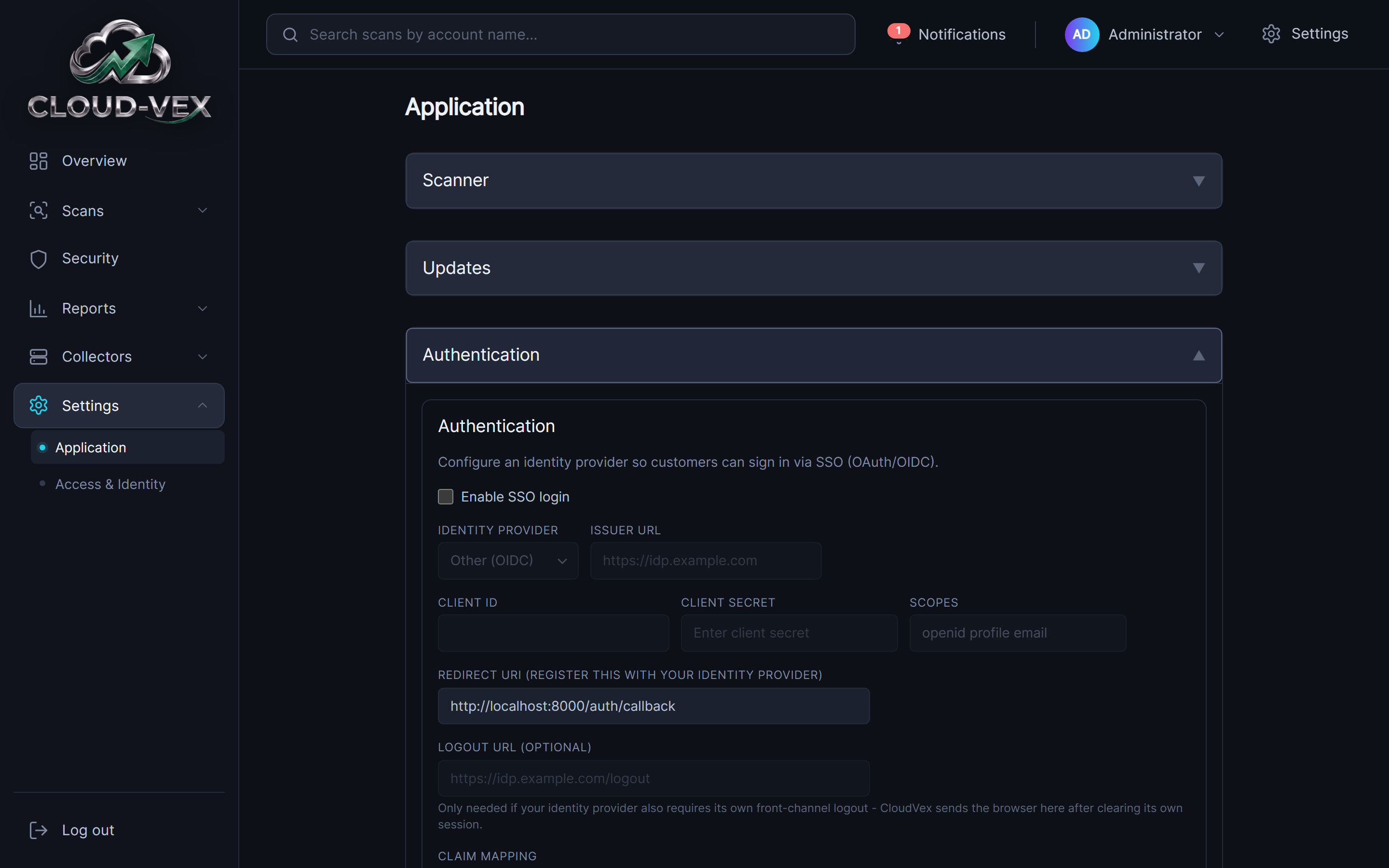 The Authentication panel under Settings, Application: Enable SSO login checkbox, an Identity Provider dropdown set to Other (OIDC) with an Issuer URL field, Client ID, Client Secret, Scopes, Redirect URI (register this with your identity provider), Logout URL, and Claim Mapping fields for Role Claim, Name Claim and Fallback Claim.