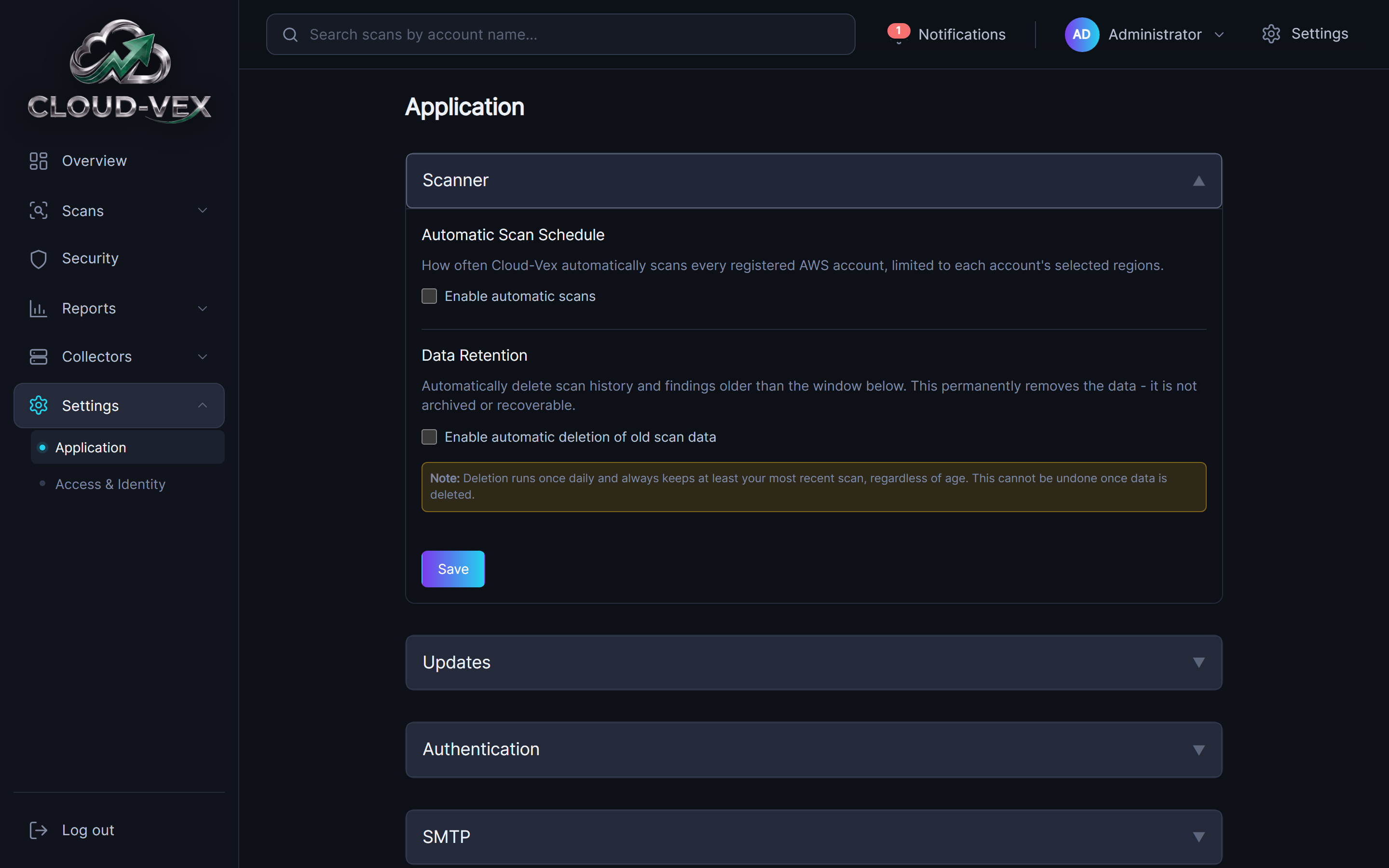 The Scanner panel under Settings, Application: Automatic Scan Schedule with an Enable automatic scans checkbox, and Data Retention with an Enable automatic deletion of old scan data checkbox and a note that deletion runs once daily, always keeps at least the most recent scan, and permanently removes data that cannot be recovered.