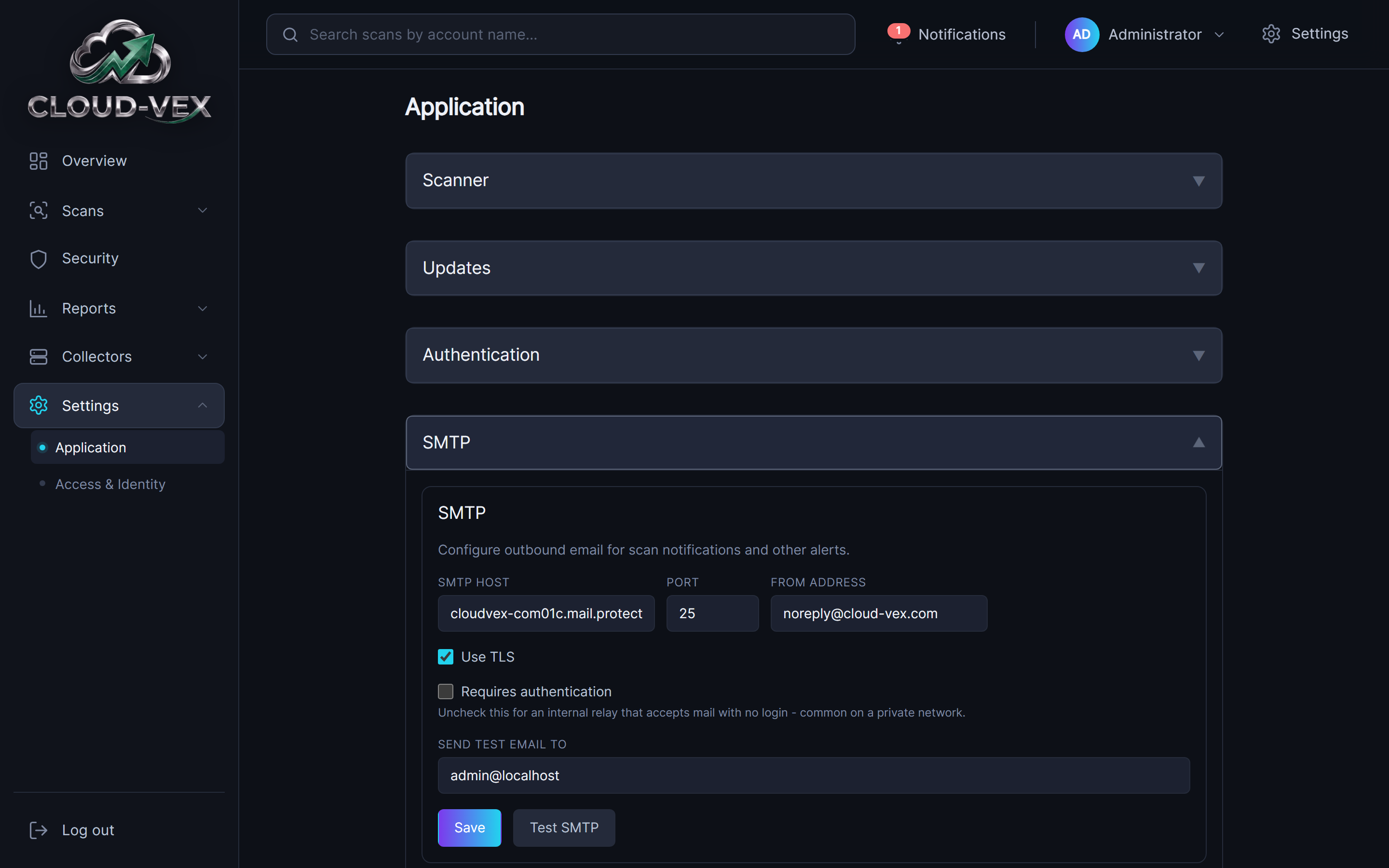 The SMTP panel under Settings, Application: SMTP Host, Port, From Address fields, a Use TLS checkbox (checked), a Requires authentication checkbox, a Send Test Email To field, and Save and Test SMTP buttons.