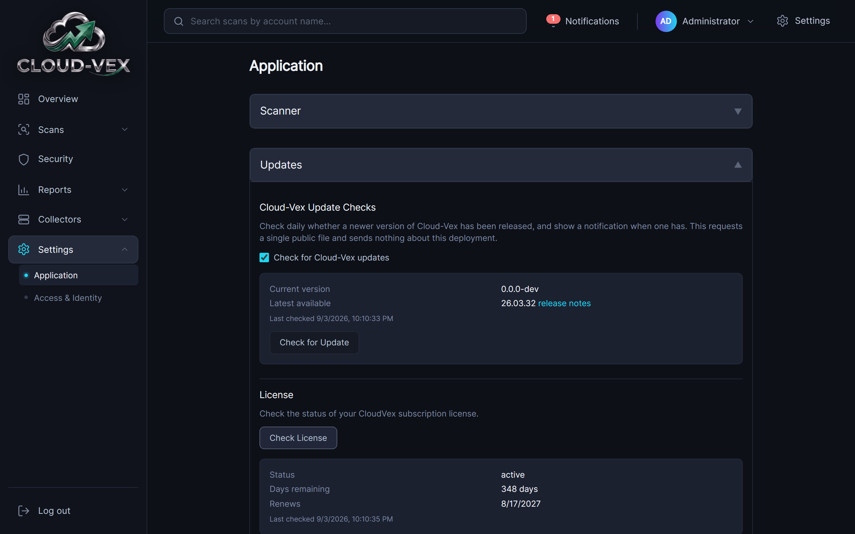 The Updates panel under Settings, Application: a Cloud-Vex Update Checks section showing current and latest available version with a Check for Update button, and a License section below it showing status, days remaining, and renewal date with a Check License button.