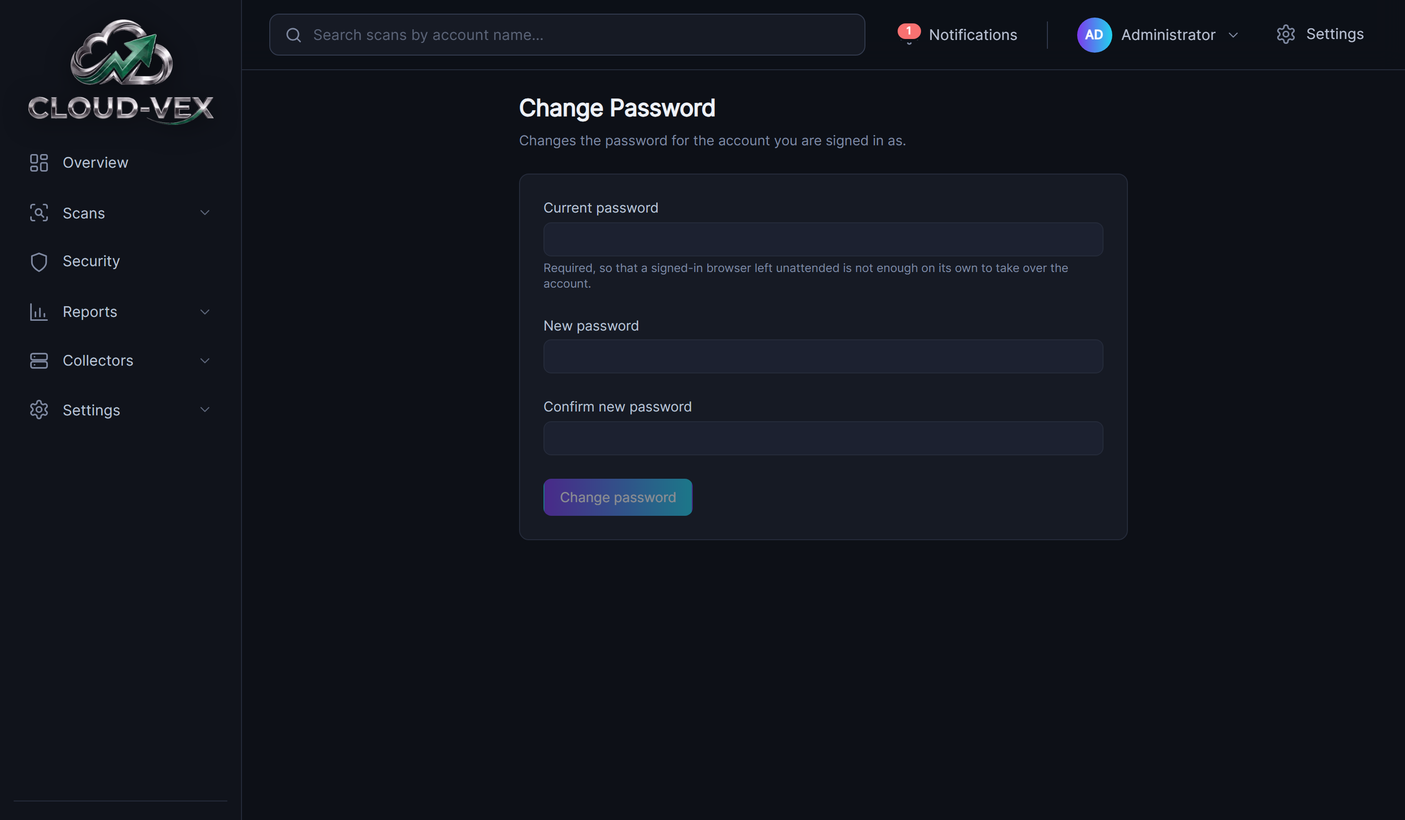 The Change Password page: current password, new password and confirm new password fields, with a note that the current password is required so a signed-in browser left unattended is not enough on its own to take over the account.